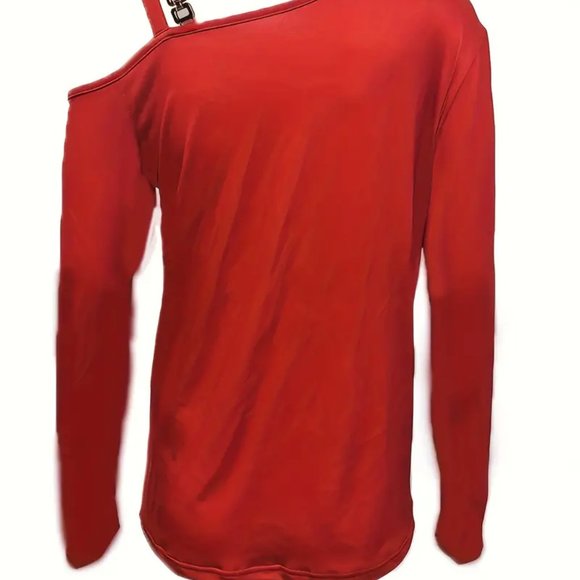 UP TO 50% OFF!! Christmas Chain Detail Tee Top, Casual Cold Shoulder Long Sleeve - Picture 3 of 3